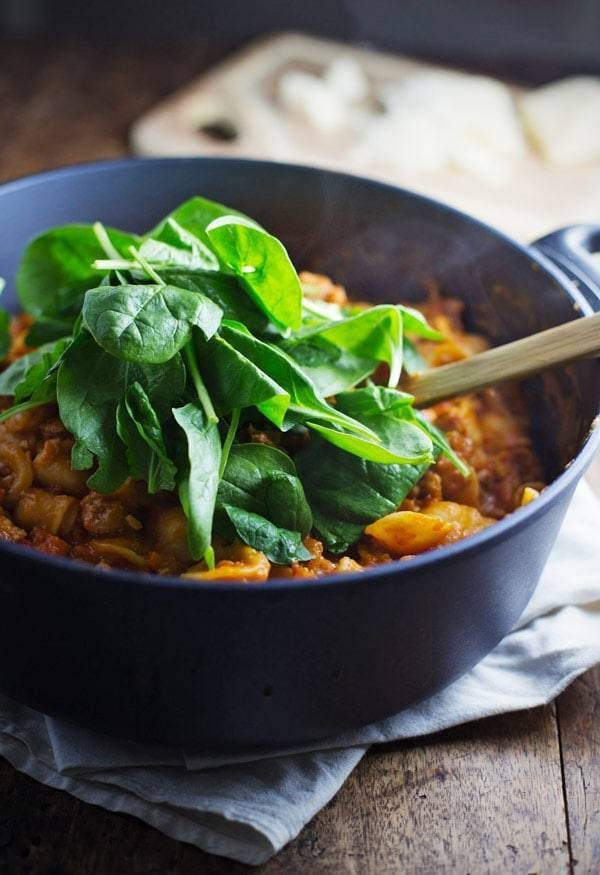 San Marzano Pasta e Fagioli with spinach.