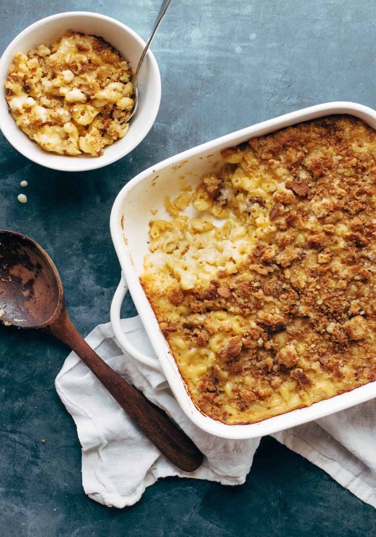 Baked mac and cheese in a casserole dish.