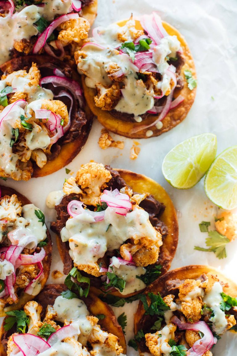 Cauliflower black bean tostadas with lime.