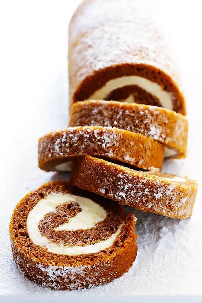 Pumpkin Roll cut into pieces.