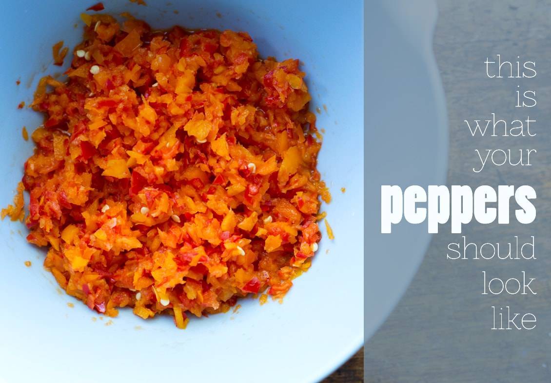 Peppers in a blue bowl.