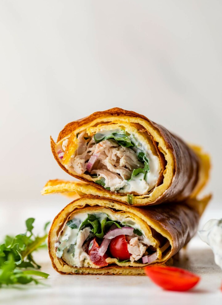 Cottage cheese flatbread wrap filled with chicken, greens and other veggies.