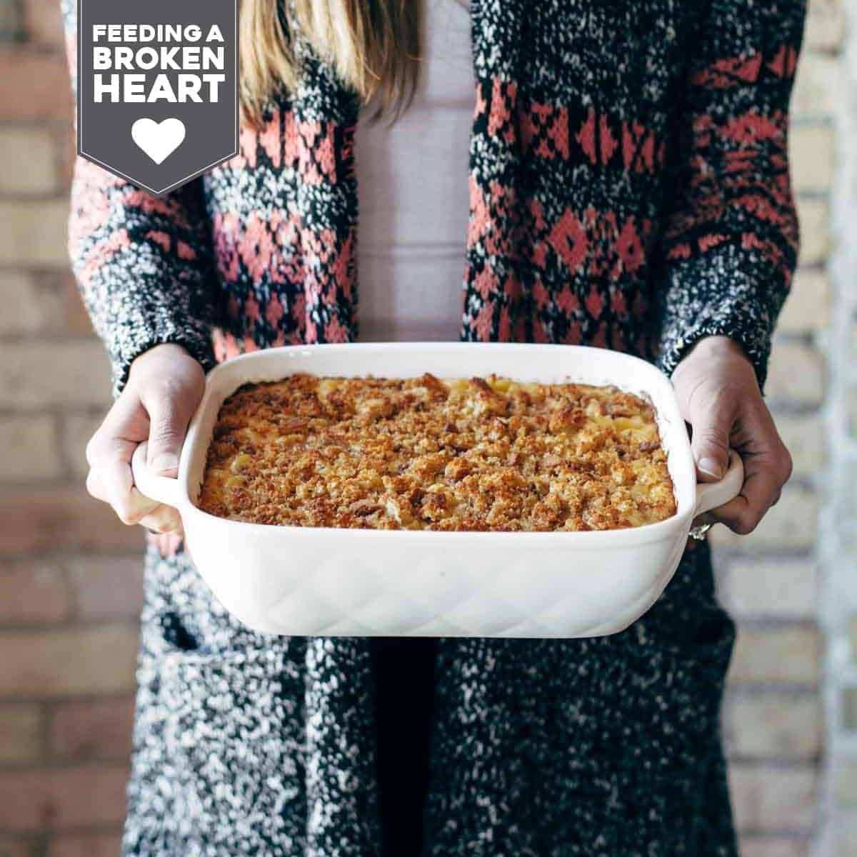 Baked mac and cheese in a pan.