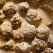 Swedish meatballs in a pan.