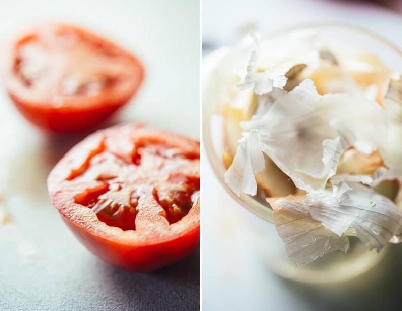 Tomatoes and onion peels.